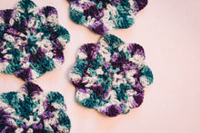 Load image into Gallery viewer, Teal & Plum Floral Inspired Crochet Coasters Set (Set of 4)