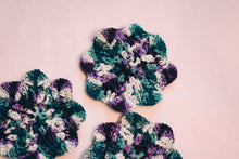 Load image into Gallery viewer, Teal & Plum Floral Inspired Crochet Coasters Set (Set of 4)