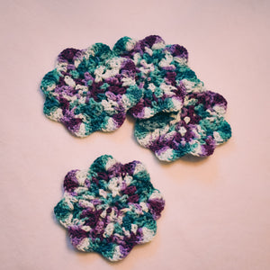 Teal & Plum Floral Inspired Crochet Coasters Set (Set of 4)