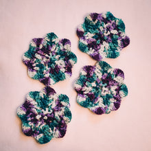 Load image into Gallery viewer, Teal & Plum Floral Inspired Crochet Coasters Set (Set of 4)