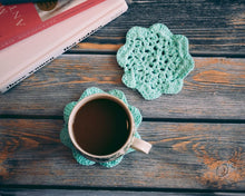 Load image into Gallery viewer, Light Turquoise Floral Inspired Crochet Coasters Set (Set of 2)