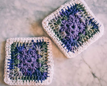 Load image into Gallery viewer, Purple & Mossy Green Gradient Granny Square Coasters Set (Set of 4)