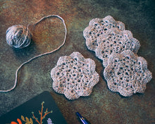 Load image into Gallery viewer, Silver & Multicolor Glitter Floral Inspired Crochet Coasters Set (Set of 4)
