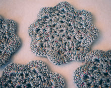 Load image into Gallery viewer, Silver & Multicolor Glitter Floral Inspired Crochet Coasters Set (Set of 4)