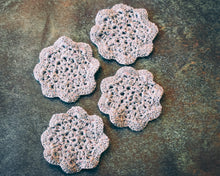 Load image into Gallery viewer, Silver & Multicolor Glitter Floral Inspired Crochet Coasters Set (Set of 4)