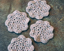 Load image into Gallery viewer, Silver & Multicolor Glitter Floral Inspired Crochet Coasters Set (Set of 4)