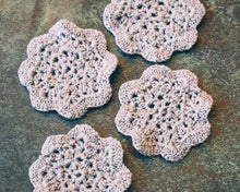 Load image into Gallery viewer, Silver & Multicolor Glitter Floral Inspired Crochet Coasters Set (Set of 4)