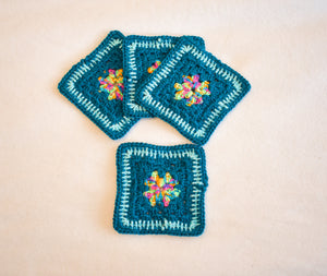 Teal & Rainbow Square Crochet Coasters (Set of 4)