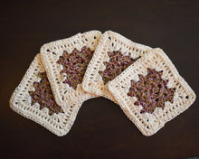 Load image into Gallery viewer, Rich Purple & Cream Granny Square Crochet Coasters Set (Set of 4)