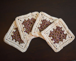 Rich Purple & Cream Granny Square Crochet Coasters Set (Set of 4)