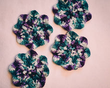 Load image into Gallery viewer, Teal &amp; Plum Floral Inspired Crochet Coasters Set (Set of 4)

