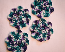 Load image into Gallery viewer, Teal & Plum Floral Inspired Crochet Coasters Set (Set of 4)