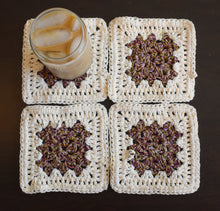Load image into Gallery viewer, Rich Purple & Cream Granny Square Crochet Coasters Set (Set of 4)