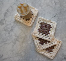 Load image into Gallery viewer, Rich Purple & Cream Granny Square Crochet Coasters Set (Set of 4)
