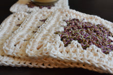 Load image into Gallery viewer, Rich Purple & Cream Granny Square Crochet Coasters Set (Set of 4)