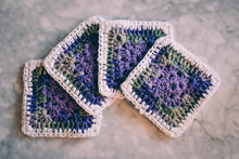 Load image into Gallery viewer, Purple & Mossy Green Gradient Granny Square Coasters Set (Set of 4)