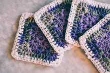 Load image into Gallery viewer, Purple & Mossy Green Gradient Granny Square Coasters Set (Set of 4)