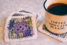 Load image into Gallery viewer, Purple & Mossy Green Gradient Granny Square Coasters Set (Set of 4)