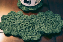 Load image into Gallery viewer, Mossy Green Floral Inspired Crochet Coasters Set (Set of 4)