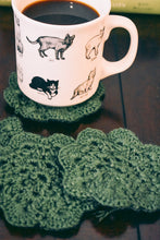 Load image into Gallery viewer, Mossy Green Floral Inspired Crochet Coasters Set (Set of 4)