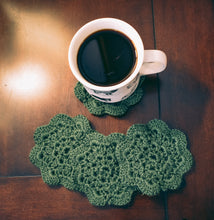 Load image into Gallery viewer, Mossy Green Floral Inspired Crochet Coasters Set (Set of 4)