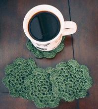 Load image into Gallery viewer, Mossy Green Floral Inspired Crochet Coasters Set (Set of 4)