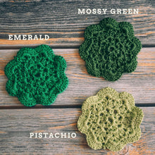 Load image into Gallery viewer, Mossy Green Floral Inspired Crochet Coasters Set (Set of 4)
