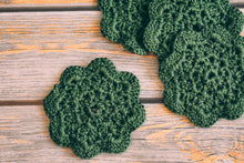 Load image into Gallery viewer, Mossy Green Floral Inspired Crochet Coasters Set (Set of 4)