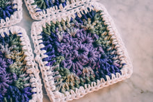 Load image into Gallery viewer, Purple & Mossy Green Gradient Granny Square Coasters Set (Set of 4)
