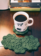Load image into Gallery viewer, Mossy Green Floral Inspired Crochet Coasters Set (Set of 4)