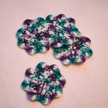 Load image into Gallery viewer, Teal &amp; Plum Floral Inspired Crochet Coasters Set (Set of 4)
