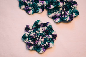 Teal & Plum Floral Inspired Crochet Coasters Set (Set of 4)