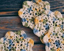 Load image into Gallery viewer, Blue &amp; Yellow Floral Inspired Crochet Coasters Set (Set of 4)
