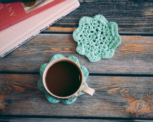 Load image into Gallery viewer, Light Turquoise Floral Inspired Crochet Coasters Set (Set of 2)
