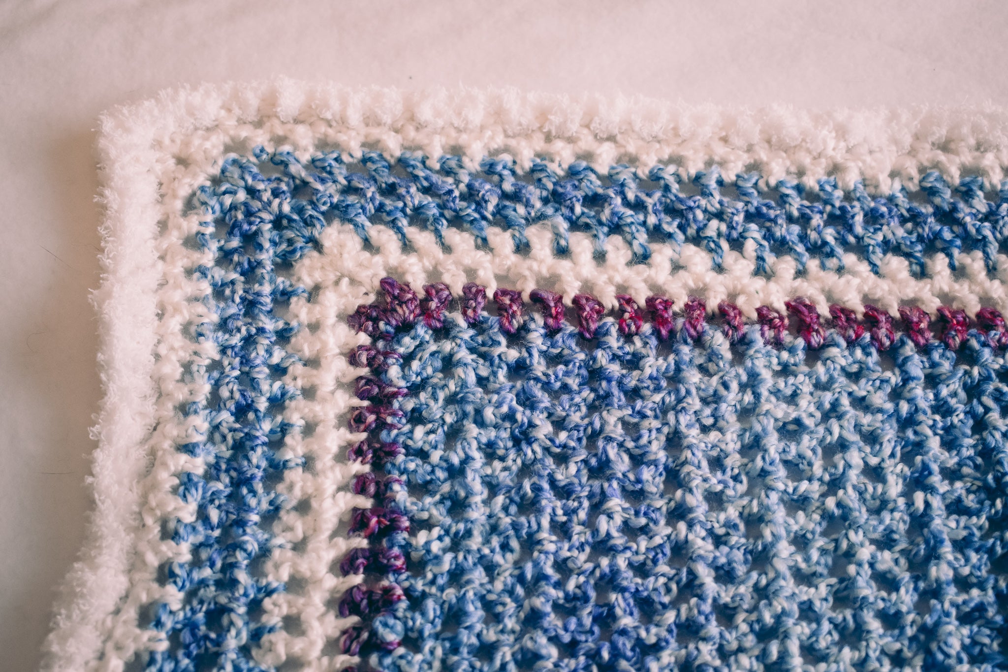 Homespun Blue Fuzzy White Baby Blanket Handmade Crochet Home
