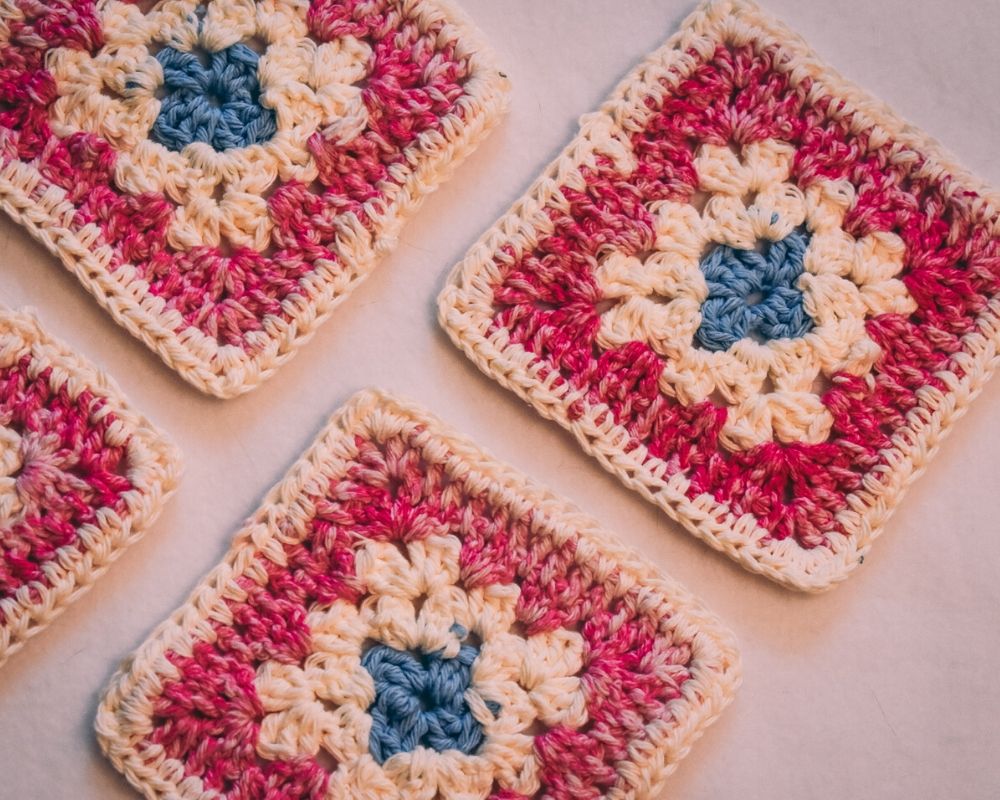 Pink & White Granny Square Crochet Coasters Set (Set of 4)