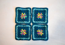 Load image into Gallery viewer, Teal &amp; Rainbow Square Crochet Coasters (Set of 4)
