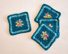 Load image into Gallery viewer, Teal &amp; Rainbow Square Crochet Coasters (Set of 4)
