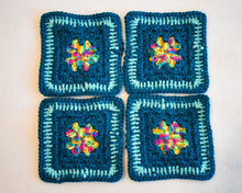 Load image into Gallery viewer, Teal &amp; Rainbow Square Crochet Coasters (Set of 4)
