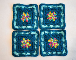 Teal & Rainbow Square Crochet Coasters (Set of 4)