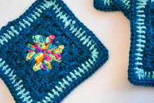 Load image into Gallery viewer, Teal &amp; Rainbow Square Crochet Coasters (Set of 4)
