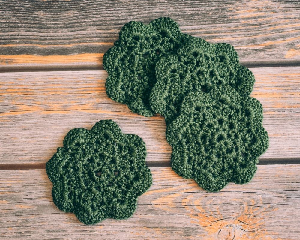 Mossy Green Floral Inspired Crochet Coasters Set (Set of 4)