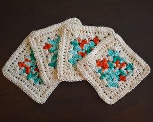 Cream, Teal, & Coral Granny Square Crochet Coasters Set (Set of 4)