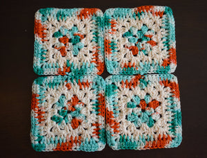 Teal, Coral, & Cream Granny Square Crochet Coasters Set (Set of 4)