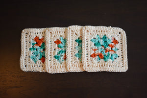 Cream, Teal, & Coral Granny Square Crochet Coasters Set (Set of 4)