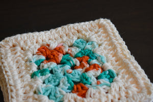 Cream, Teal, & Coral Granny Square Crochet Coasters Set (Set of 4)
