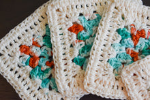 Load image into Gallery viewer, Cream, Teal, &amp; Coral Granny Square Crochet Coasters Set (Set of 4)
