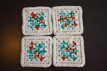 Load image into Gallery viewer, Cream, Teal, &amp; Coral Granny Square Crochet Coasters Set (Set of 4)
