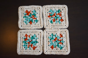 Cream, Teal, & Coral Granny Square Crochet Coasters Set (Set of 4)