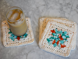 Cream, Teal, & Coral Granny Square Crochet Coasters Set (Set of 4)